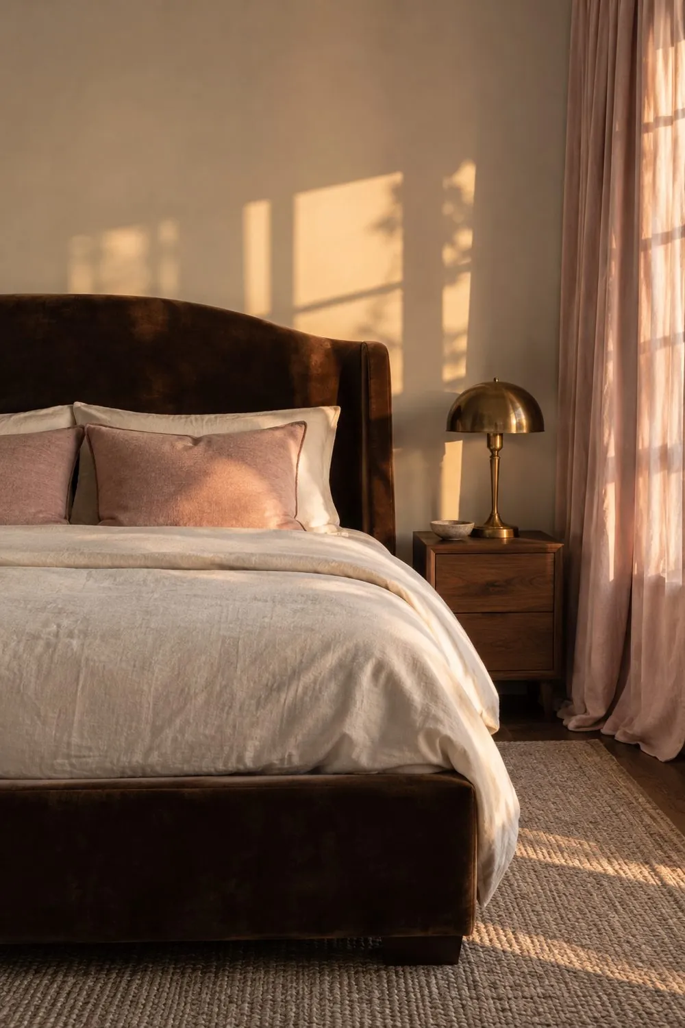 Bedroom with a cocoa brown velvet bed, cream walls, blush pink linen curtains and two blush pillows on cream bedding