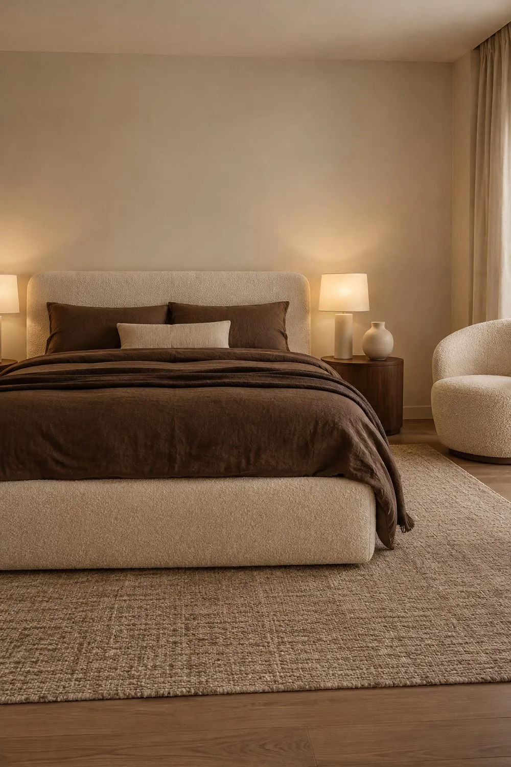 Bedroom with a cream boucle bed and chair, chocolate brown linen bedding, cream walls and a walnut side table