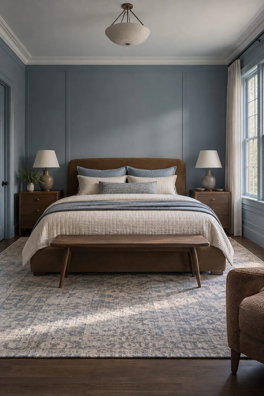 Bedroom with dusty blue walls, a caramel brown upholstered bed, cream and blue bedding and a walnut bench at the foot