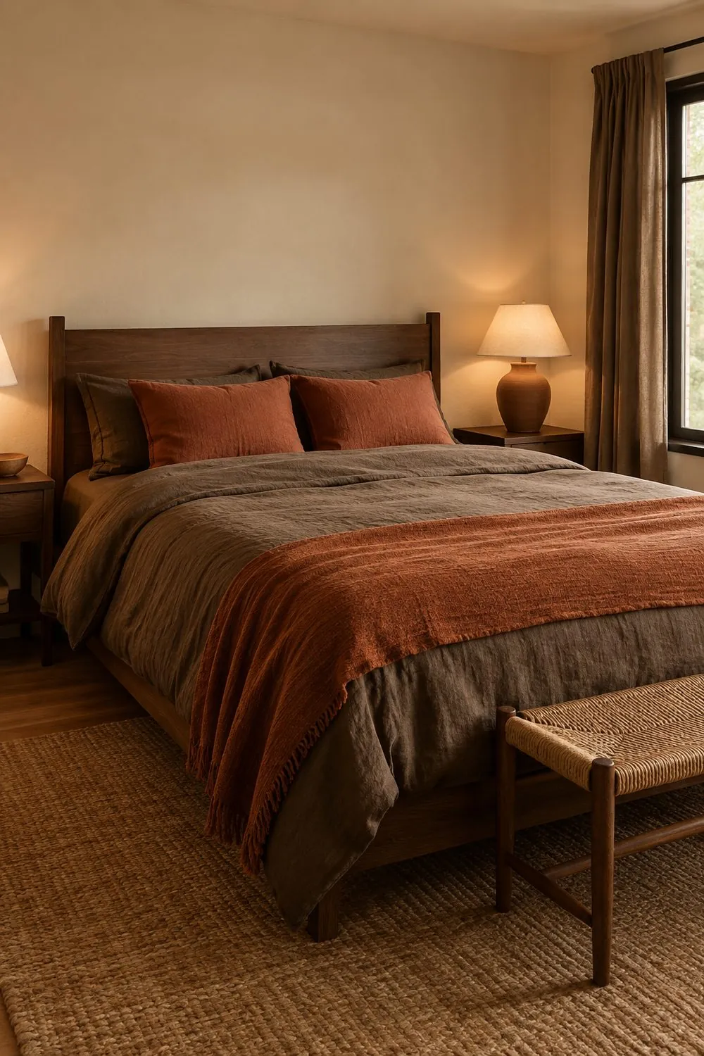 Bedroom with a walnut bed, brown linen bedding, two rust pillows, a rust throw and a terracotta lamp against cream walls