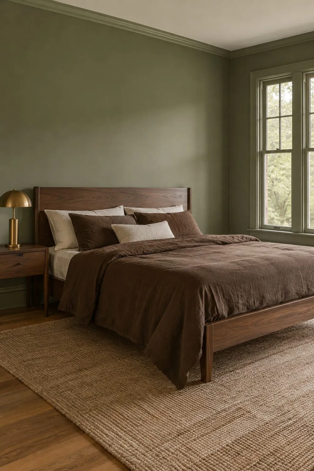Bedroom with sage green walls, a walnut bed frame, chocolate brown linen bedding and a brass lamp on a walnut nightstand
