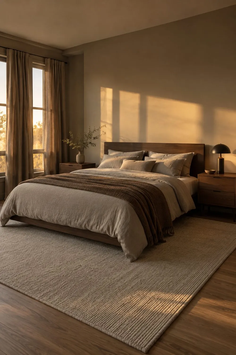 Bedroom with warm greige walls, walnut bed and nightstands, mushroom brown curtains and a light gray wool rug