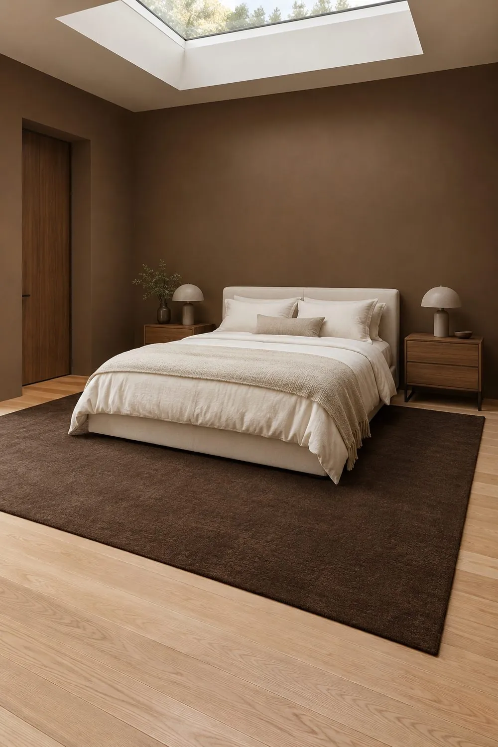 Bedroom with a large chocolate brown wool rug under a white bed on light oak floorboards, with walnut nightstands