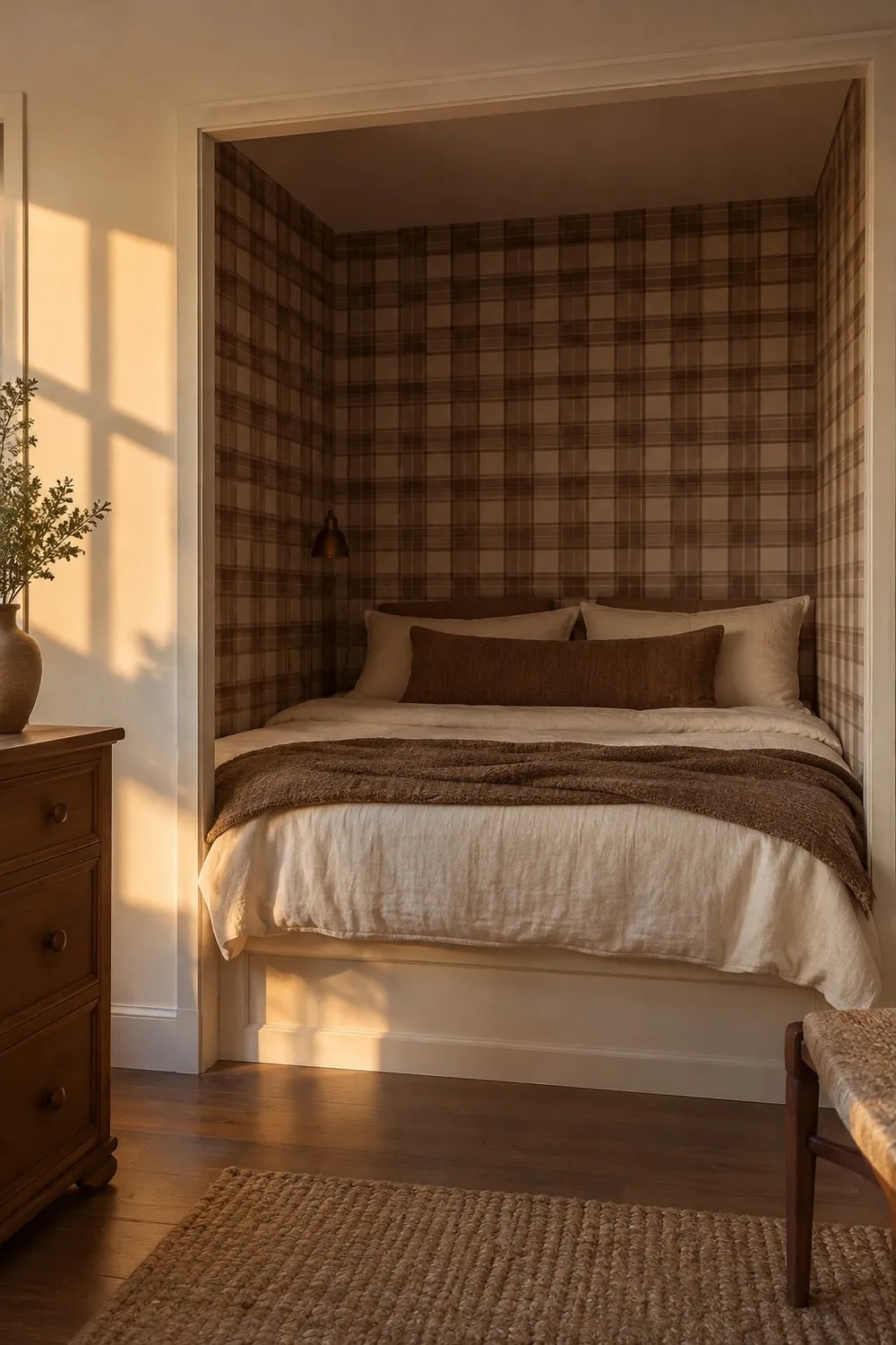 Bedroom bed nook lined in muted brown and cream plaid wallpaper with cream bedding and brown wool pillows