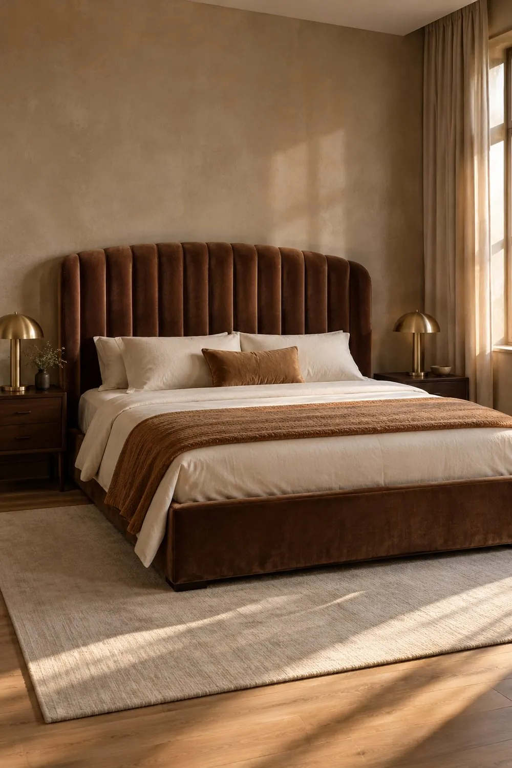 Cocoa brown velvet bed with a tall channel tufted headboard, ivory bedding and a caramel throw in a warm greige bedroom