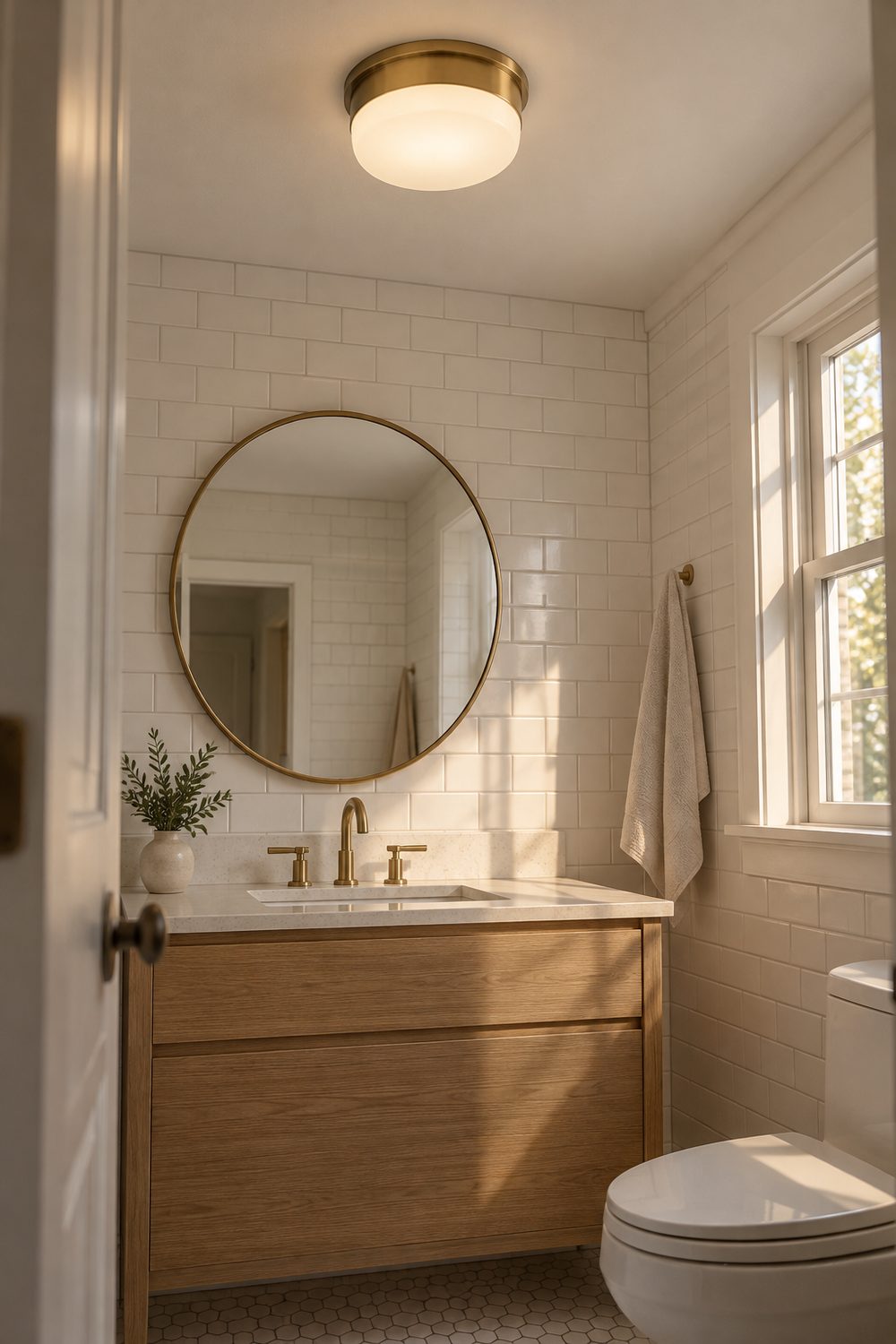 Brushed brass flush mount light with a frosted glass diffuser on a white ceiling above an oak vanity and white subway tile