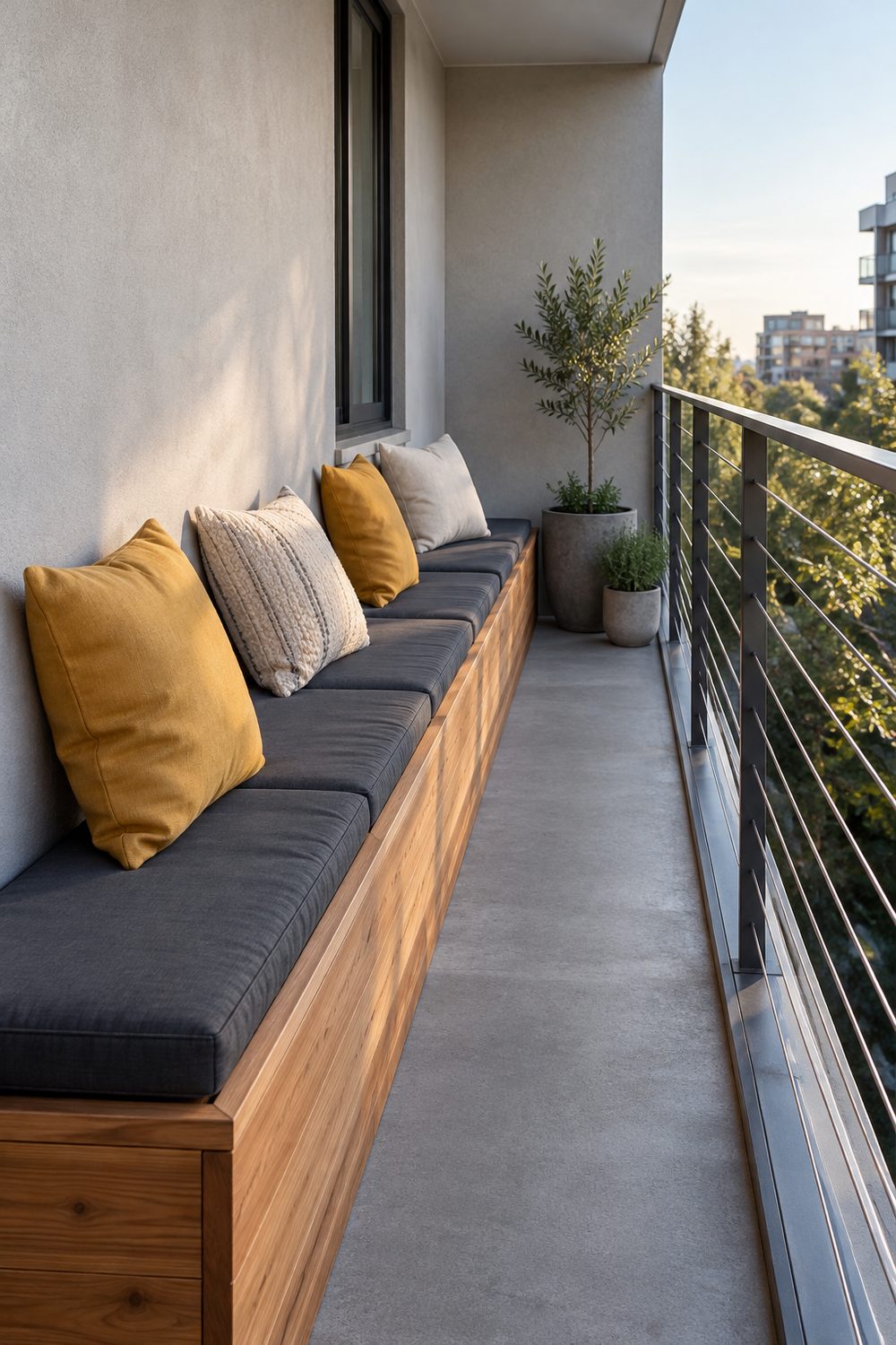 Long built in cedar bench with charcoal cushions running along the wall of a very narrow apartment balcony