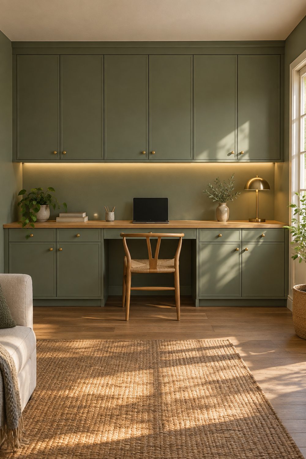 Wall to wall built in desk with sage green base and upper cabinets, oak countertop and under cabinet lighting in a family room