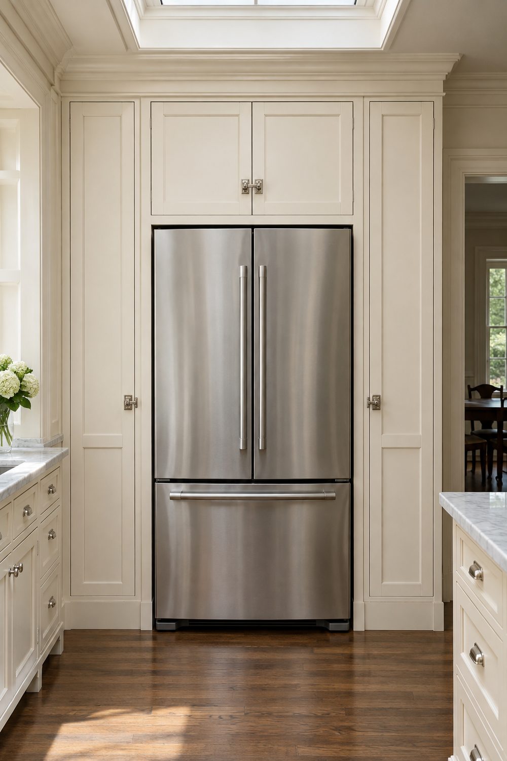 Stainless refrigerator framed by a cream built in cabinet surround with side panels and crown molding in a traditional kitchen