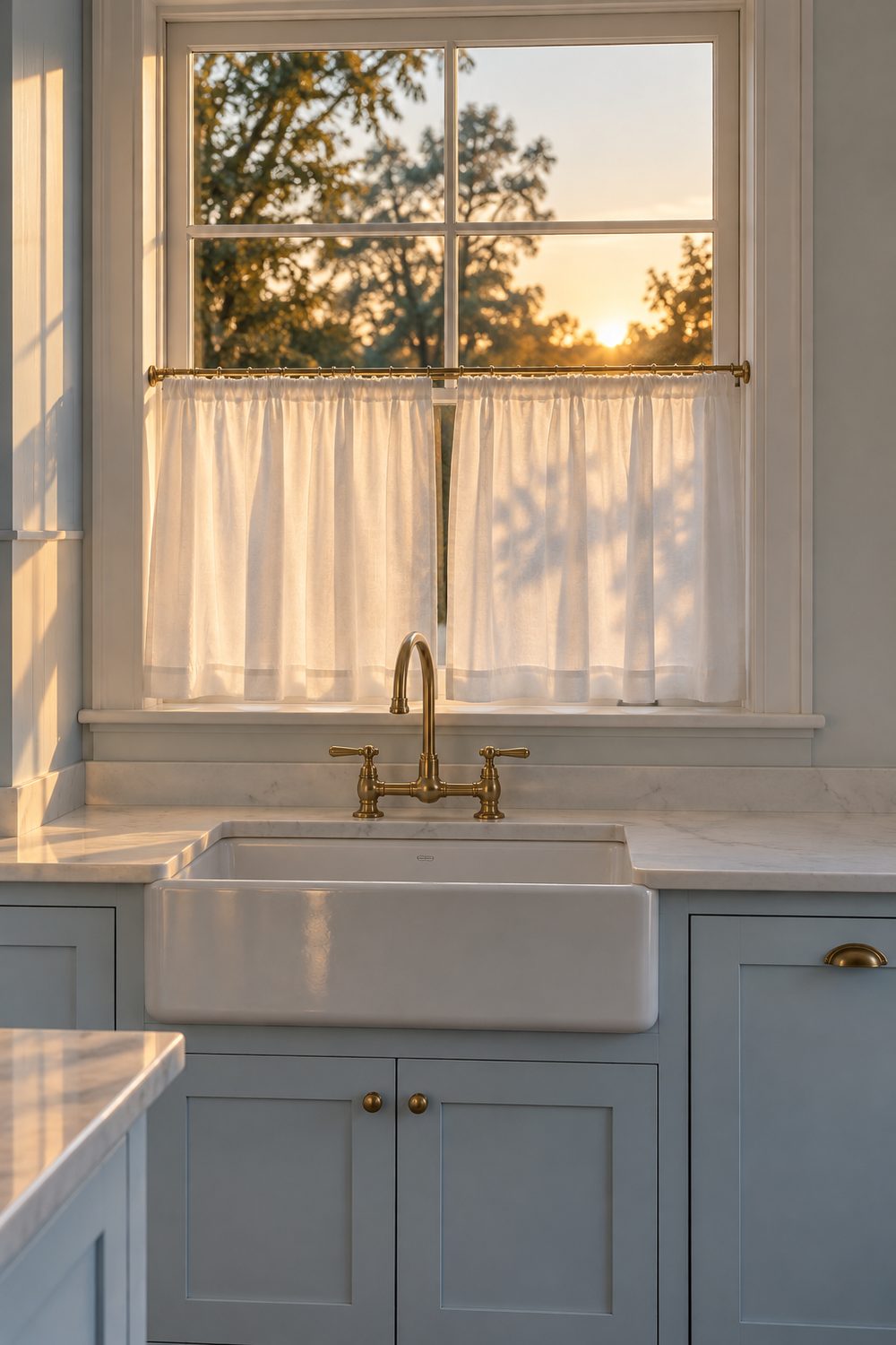 White cotton cafe curtains on a brass rod covering the lower half of a kitchen window, pale blue cabinets, farmhouse sink