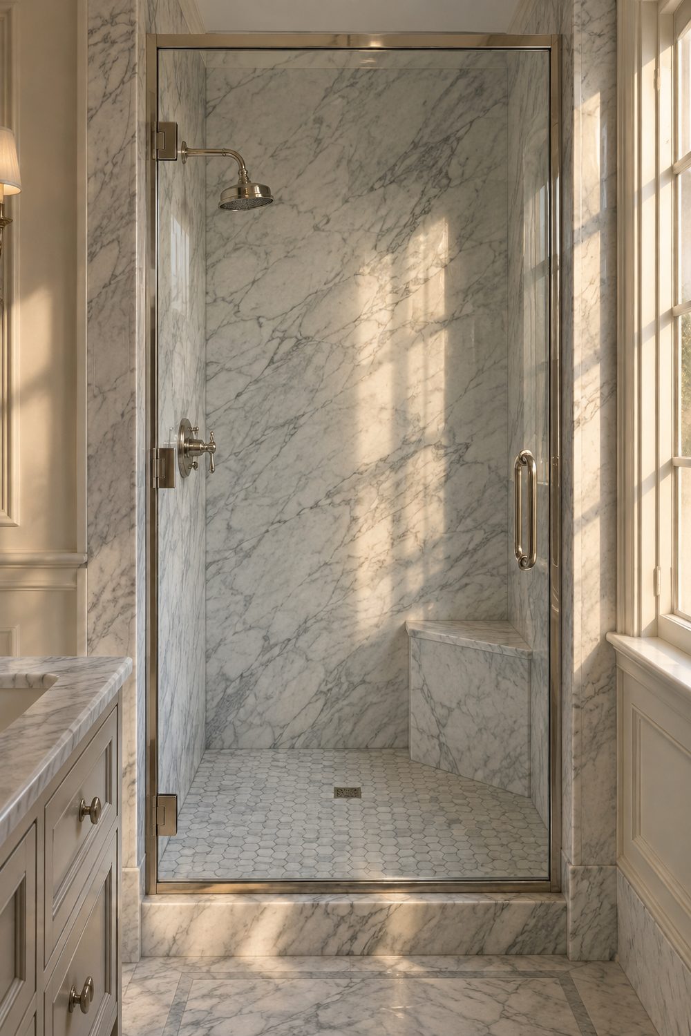 Shower clad floor to ceiling in honed Carrara marble with polished nickel fittings, a marble bench and a framed glass door