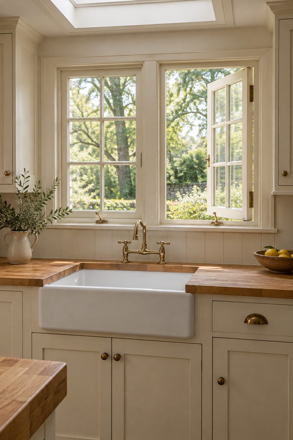 Pair of white casement windows with divided lites over a fireclay sink, one sash cranked open, cream cabinets, butcher block