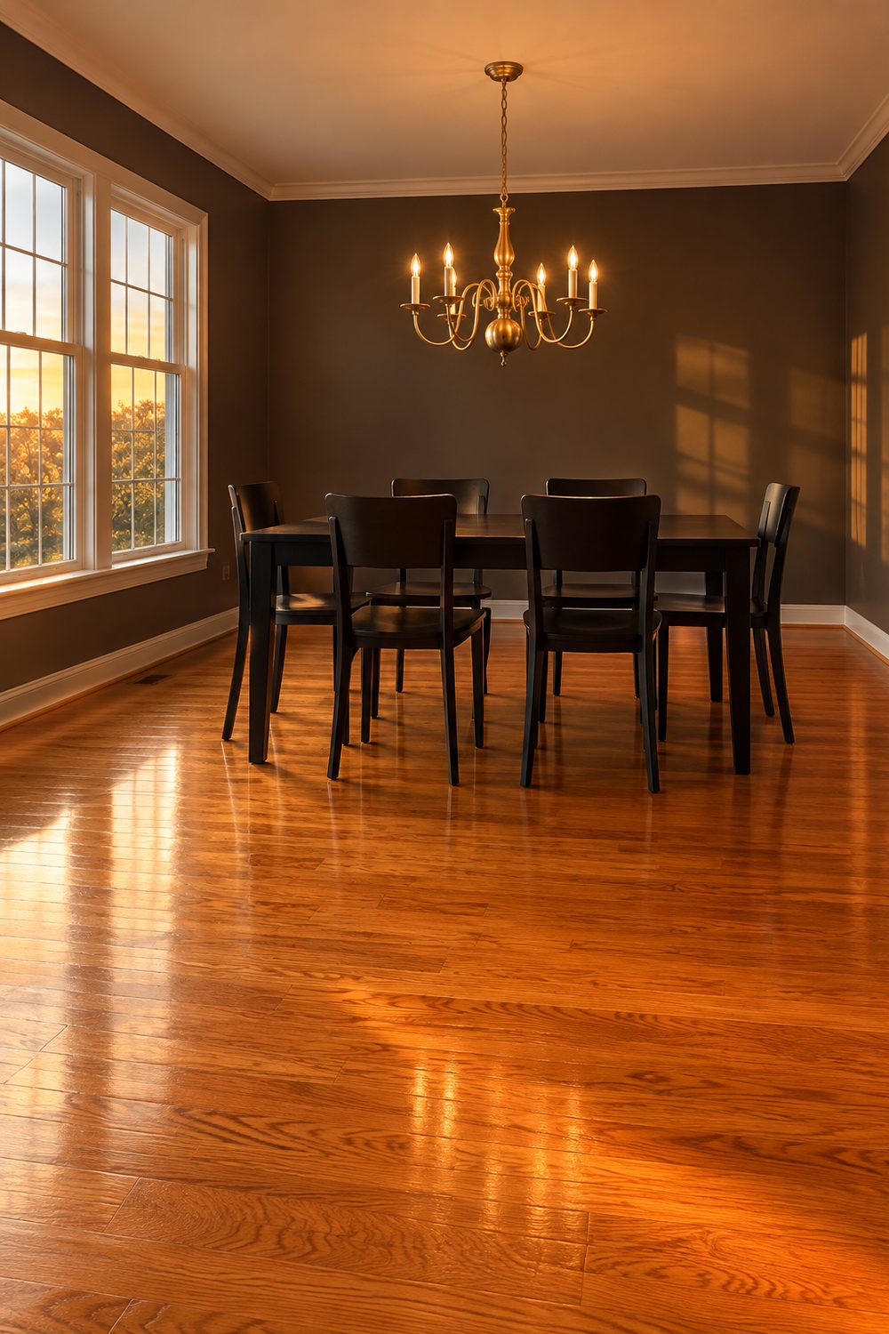 Dining room with warm charcoal walls, glossy orange oak hardwood floors, a black dining table with six chairs and a brass chandelier