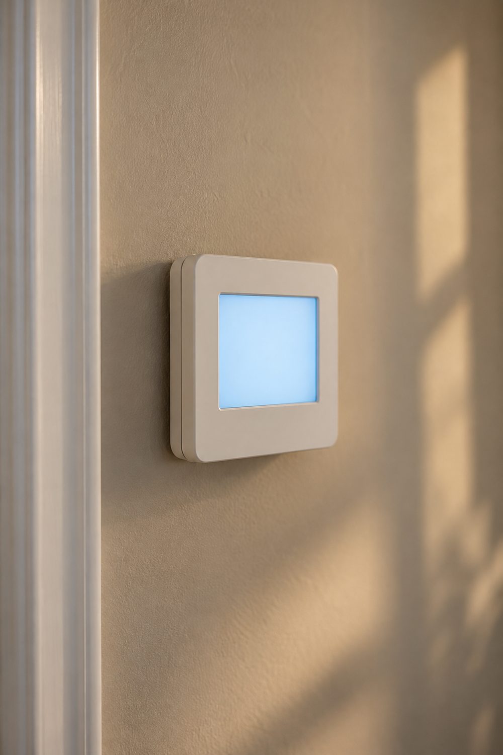 White digital wall thermostat with a glowing blank screen on a warm greige hallway wall beside white door trim