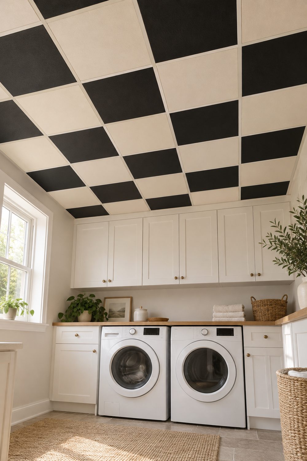Laundry room with a black and cream checkerboard painted drop ceiling, white cabinets, oak counter and a front loading washer and dryer