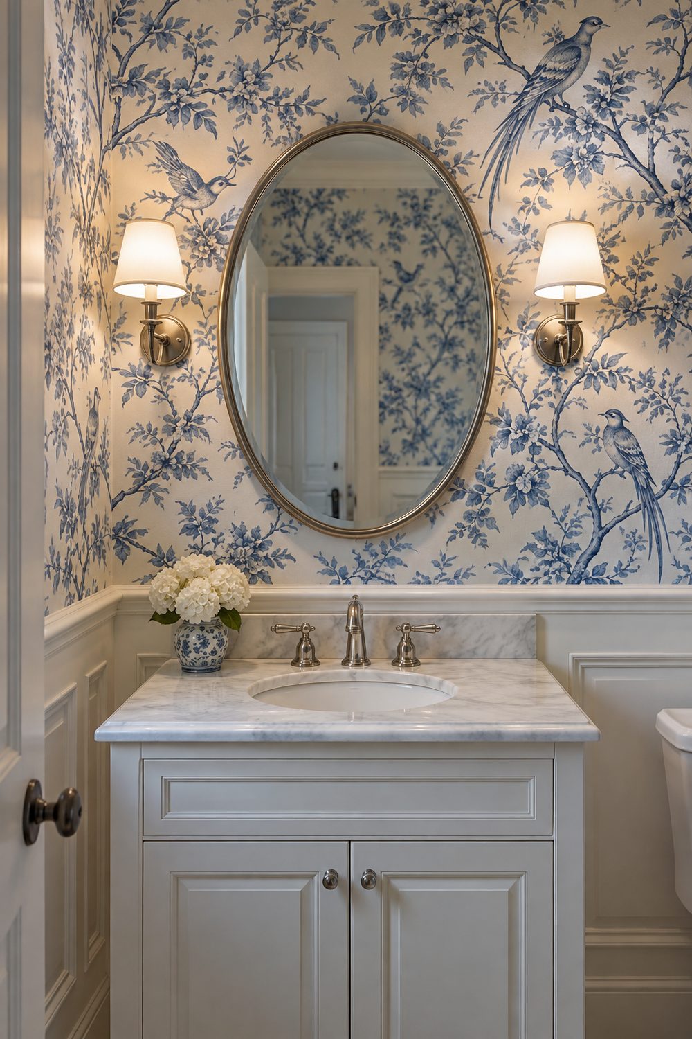 Blue and white chinoiserie wallpaper with birds and branches above white wainscoting in a traditional powder room