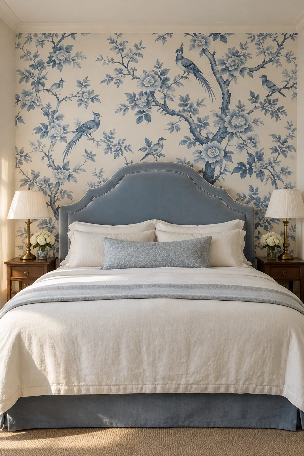 Upholstered pale blue velvet headboard in front of blue and white chinoiserie wallpaper with birds and branches, ivory bedding