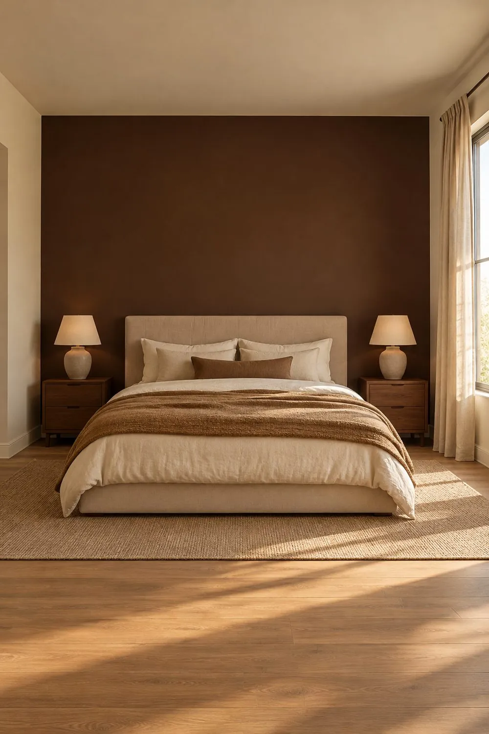 Bedroom with a matte chocolate brown accent wall behind an oatmeal linen bed, cream side walls and two walnut nightstands