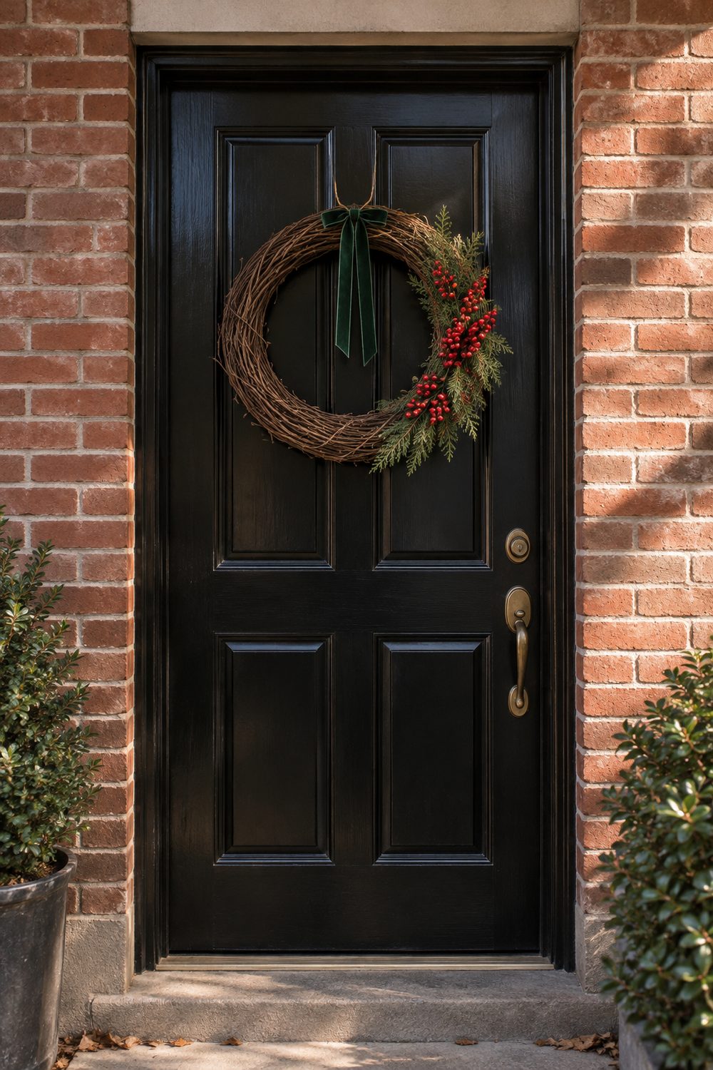 Grapevine wreath with matte red berries, cedar sprigs and a green velvet bow on a black door set in red brick