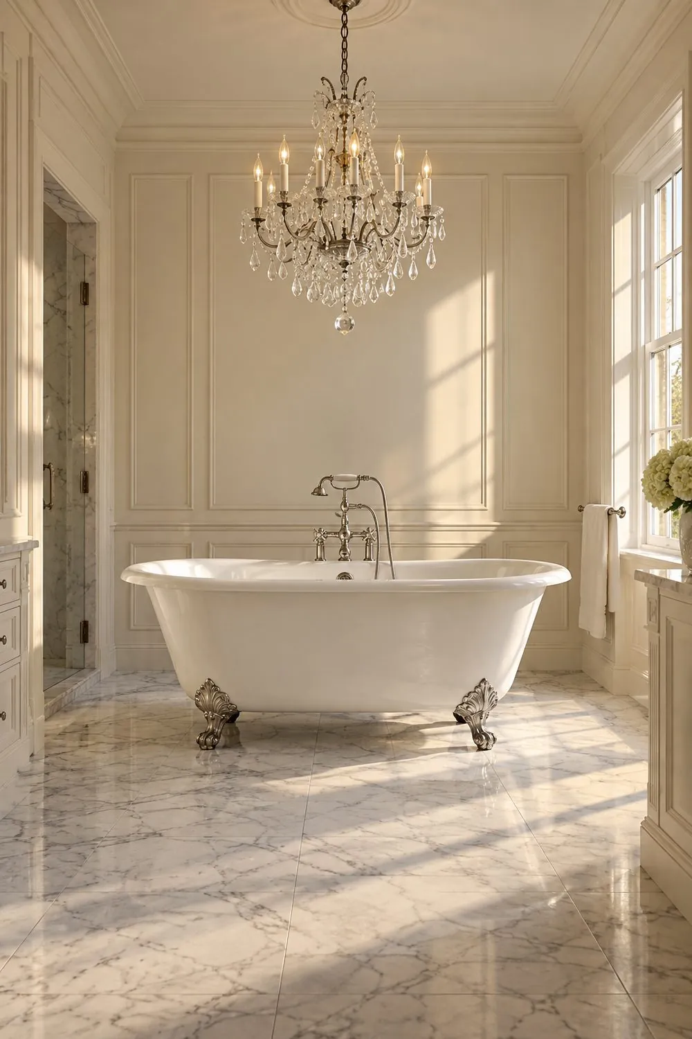 White clawfoot tub on nickel feet beneath a crystal chandelier in a cream paneled bathroom with a white marble floor