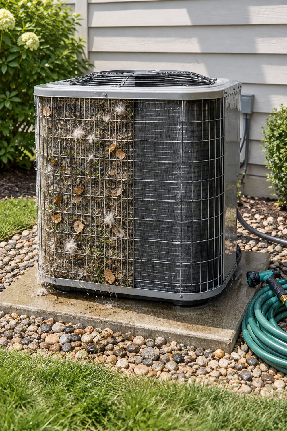 Central air conditioner condenser on a concrete pad, left side clogged with leaves and fluff, right side rinsed clean, garden hose beside it