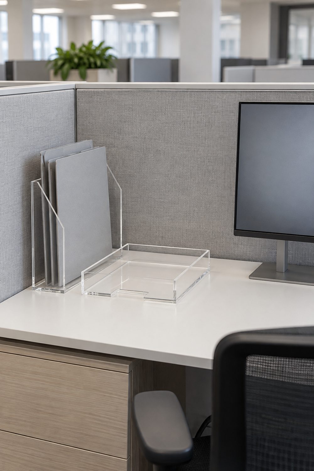 Two clear acrylic organizers, a file sorter with grey folders and a flat mail tray, on a white desk in an office cubicle