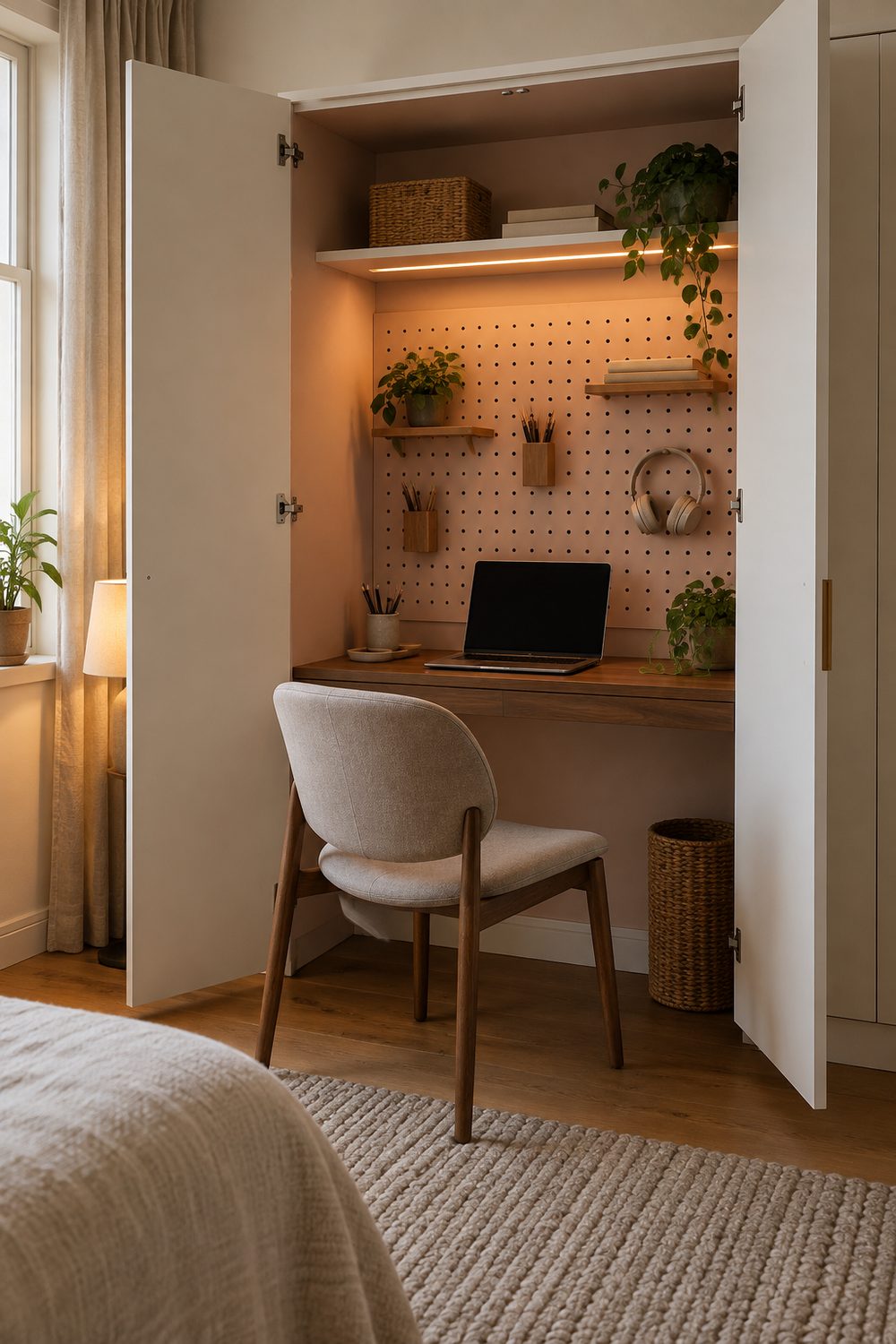 Tall white wardrobe with doors open revealing a walnut desk, pegboard and LED light bar inside, a bedroom cloffice