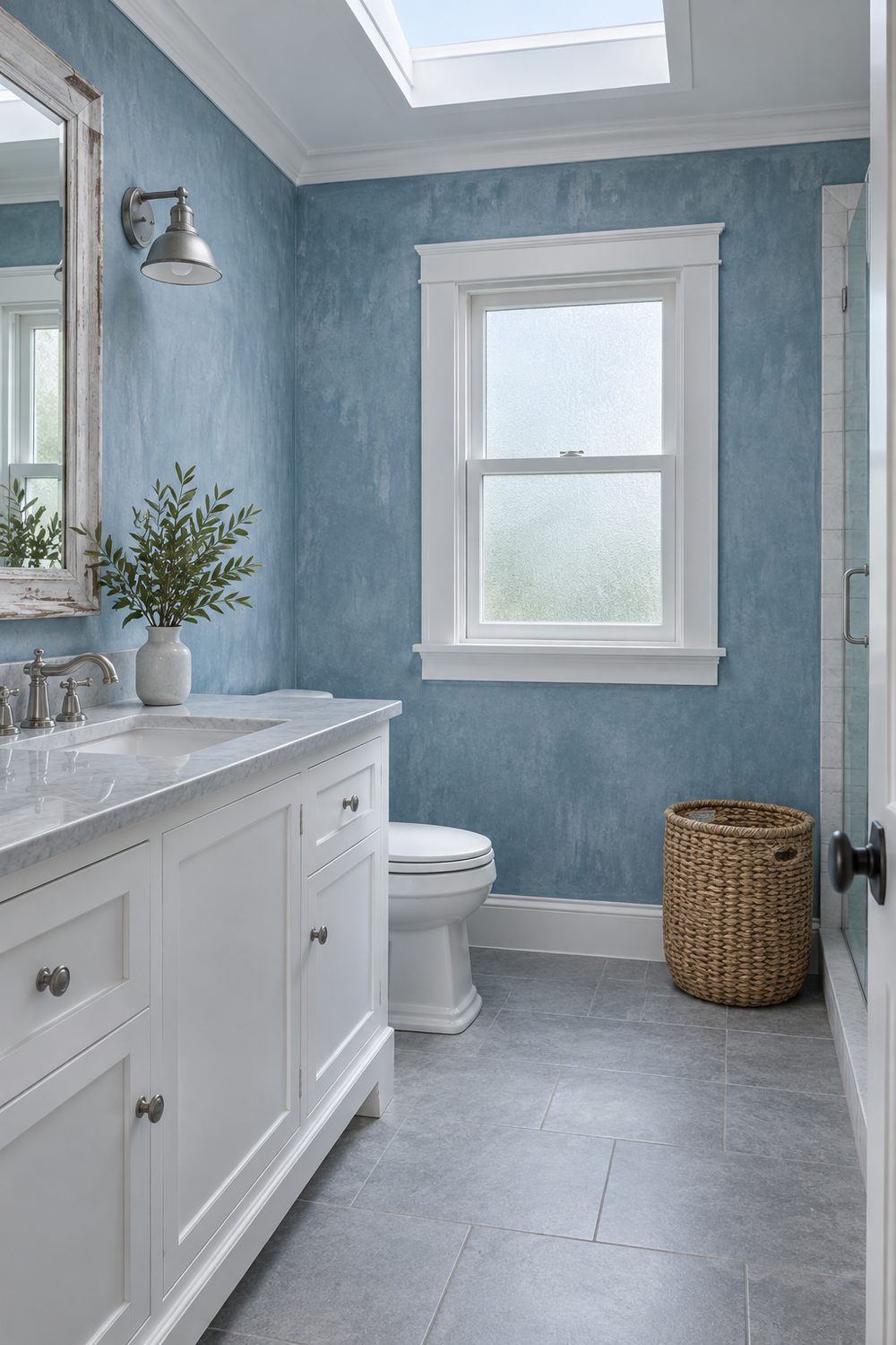 Small coastal bathroom with weathered blue walls, soft grey floor tile, white trim and a woven basket