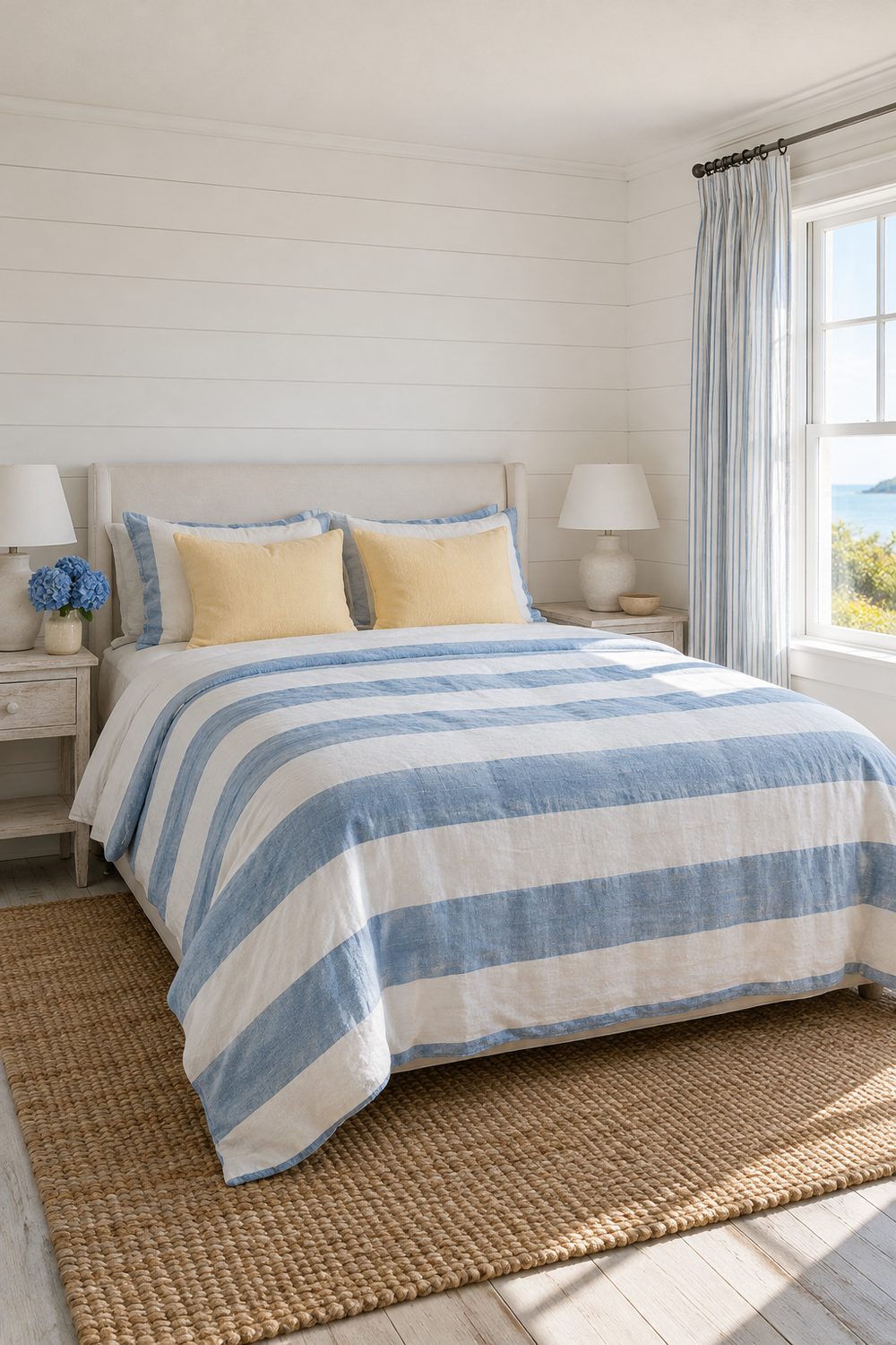 Coastal bedroom with white shiplap walls, blue and white striped duvet, sandy yellow pillows, ticking curtains, jute rug