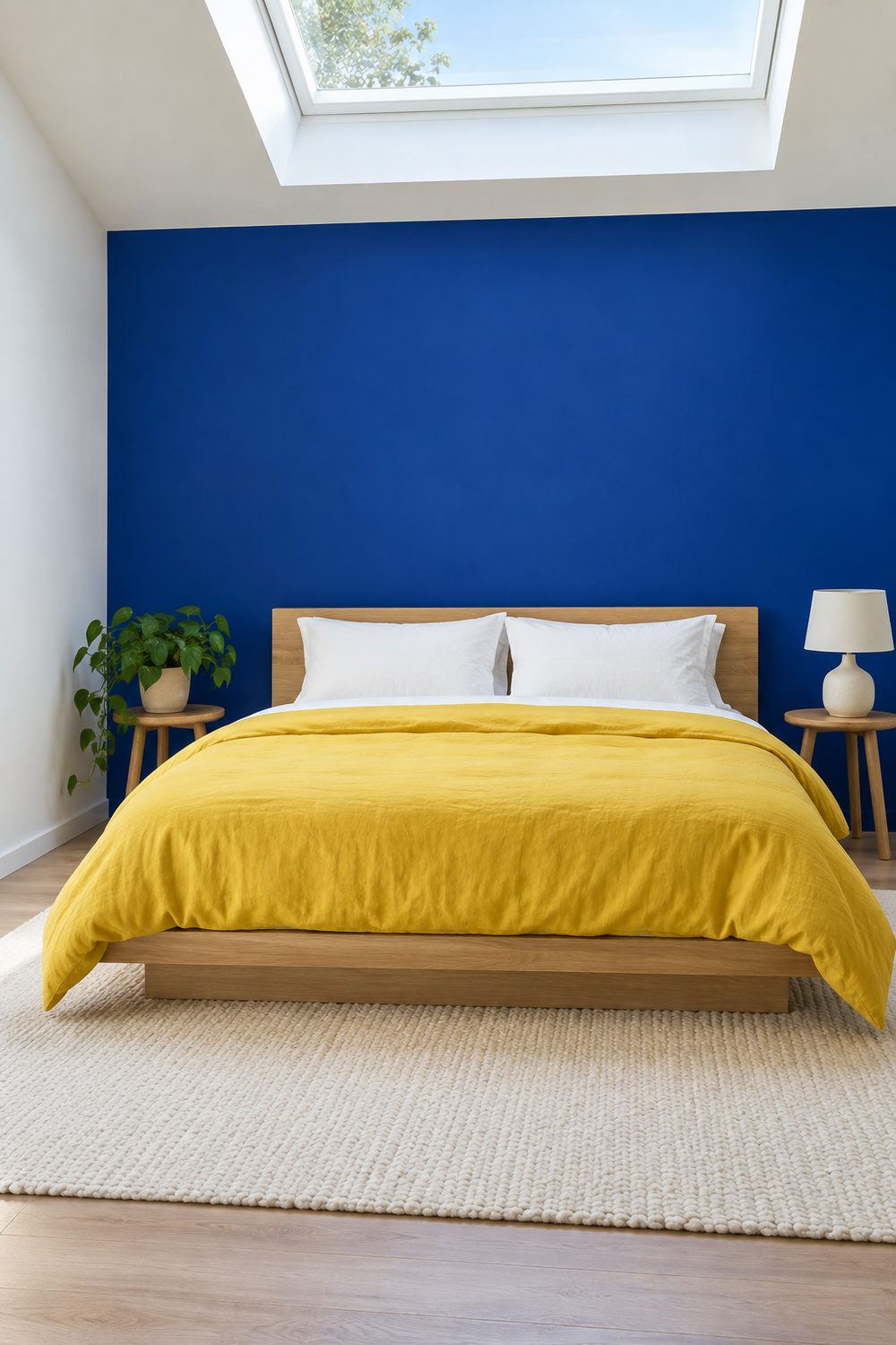 Modern bedroom with a cobalt blue accent wall, low oak platform bed, sunny yellow duvet, white sheets and cream rug