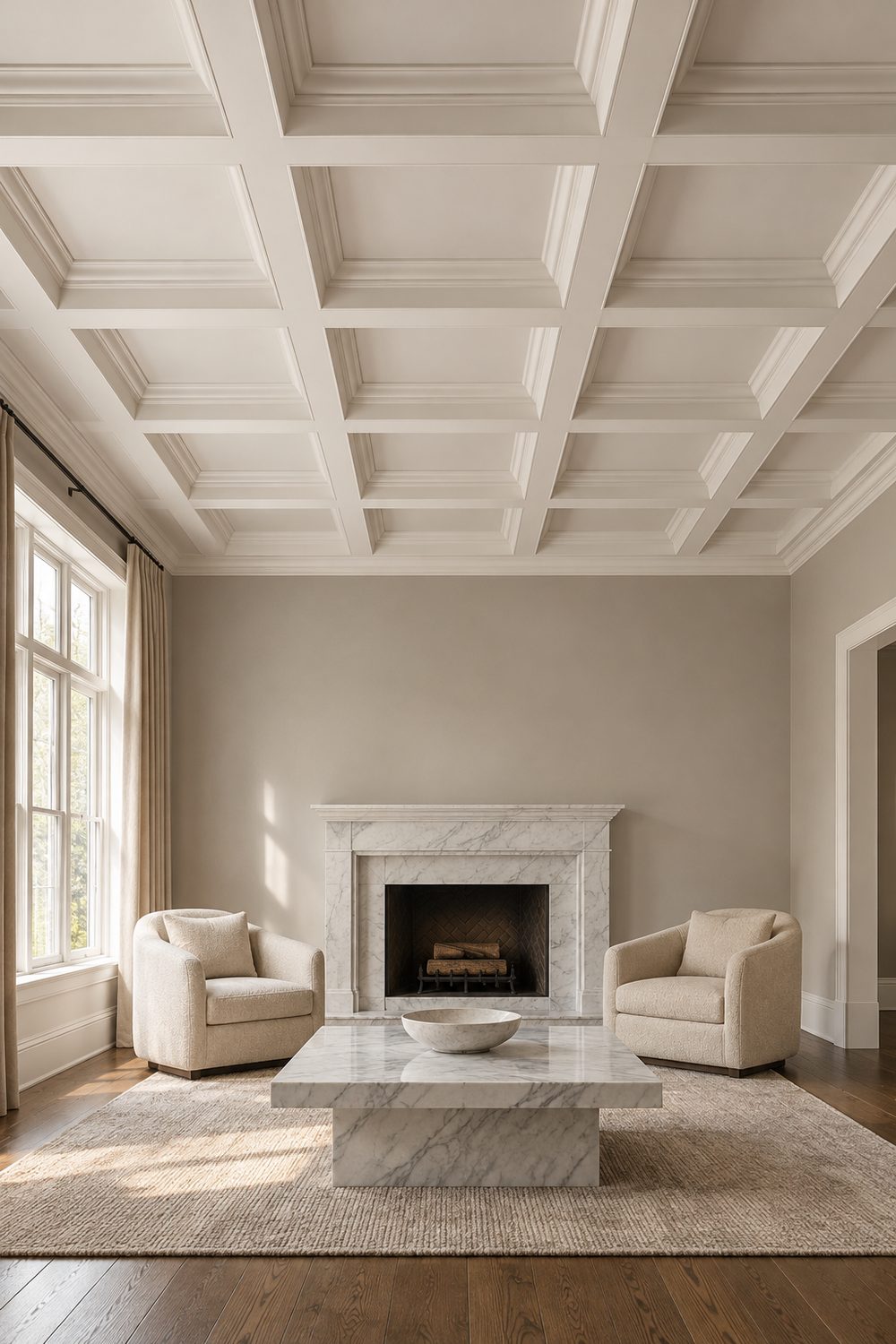 Formal living room with a white coffered ceiling grid trimmed in crown molding, pale gray walls, marble fireplace and cream armchairs
