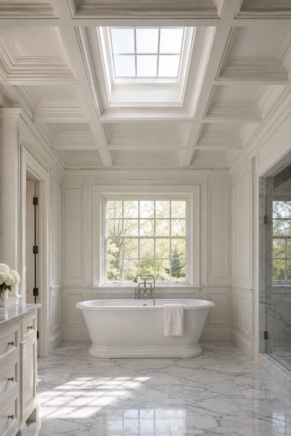 White coffered ceiling with crown molding above a freestanding tub in a large paneled traditional bathroom