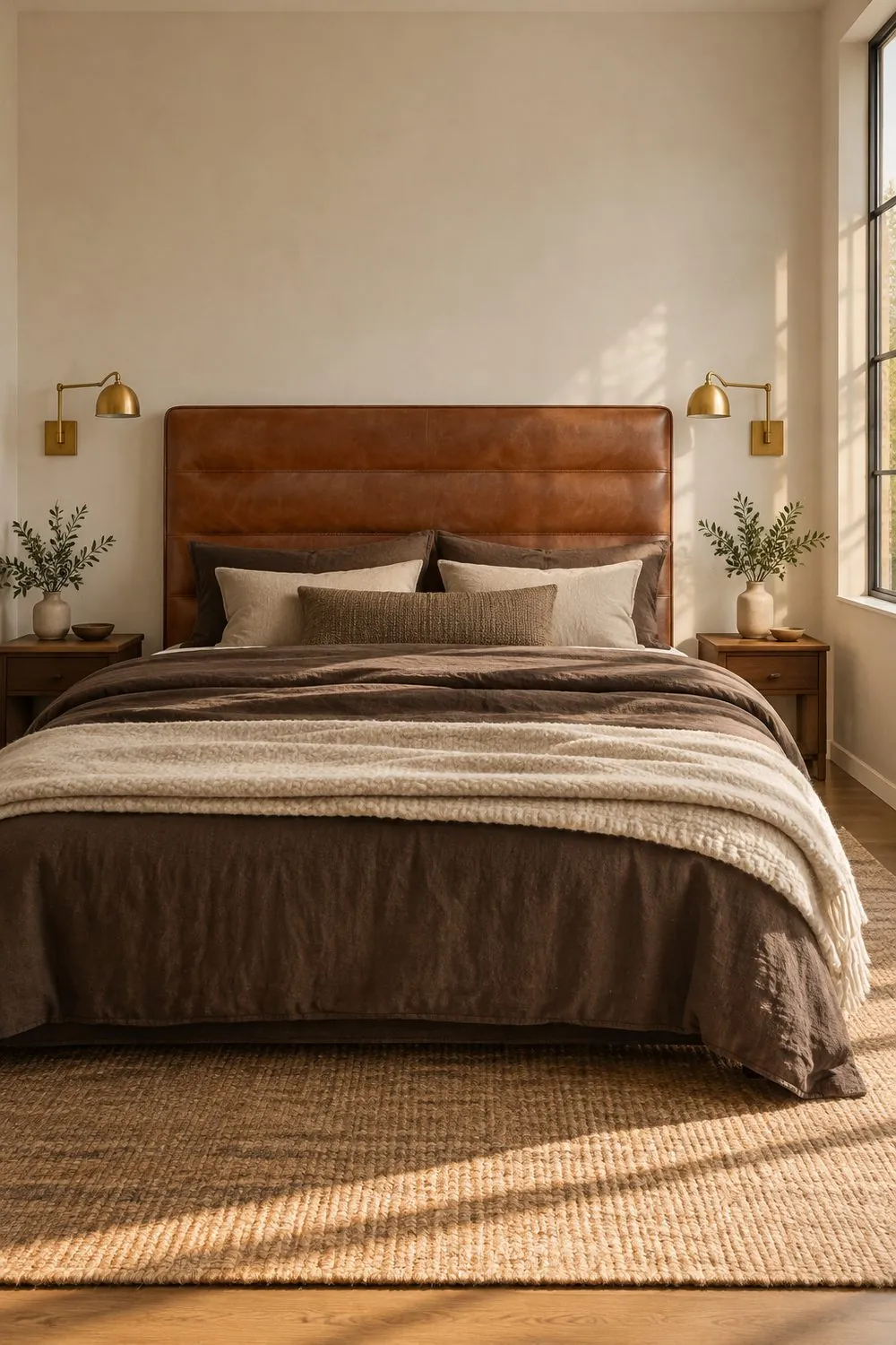 Cognac leather headboard with brass swing arm sconces above brown and cream layered bedding against a cream bedroom wall