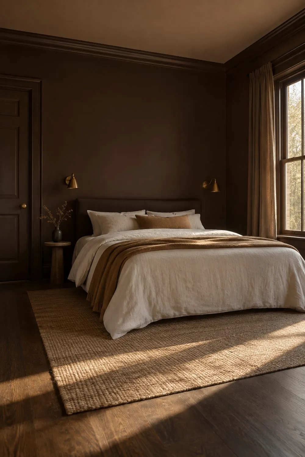 Bedroom color drenched in deep espresso brown on walls, trim and door, with cream and caramel bedding and brass sconces