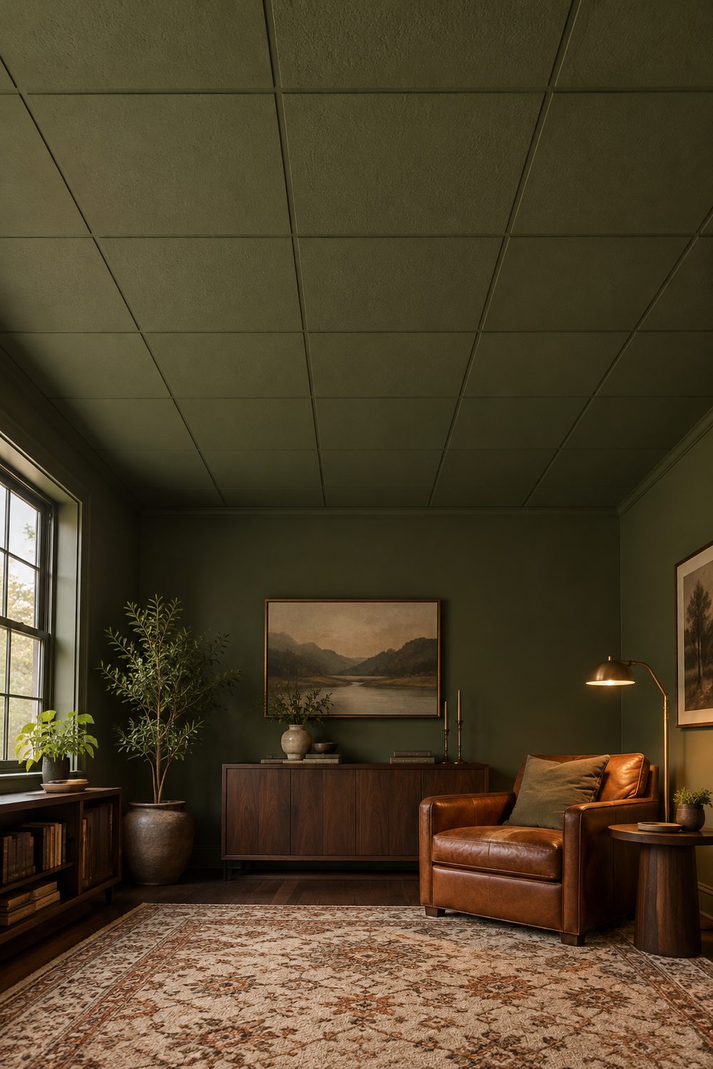 Small den color drenched in deep olive green across walls, trim, ceiling tiles and grid, with a cognac leather chair and brass lamp