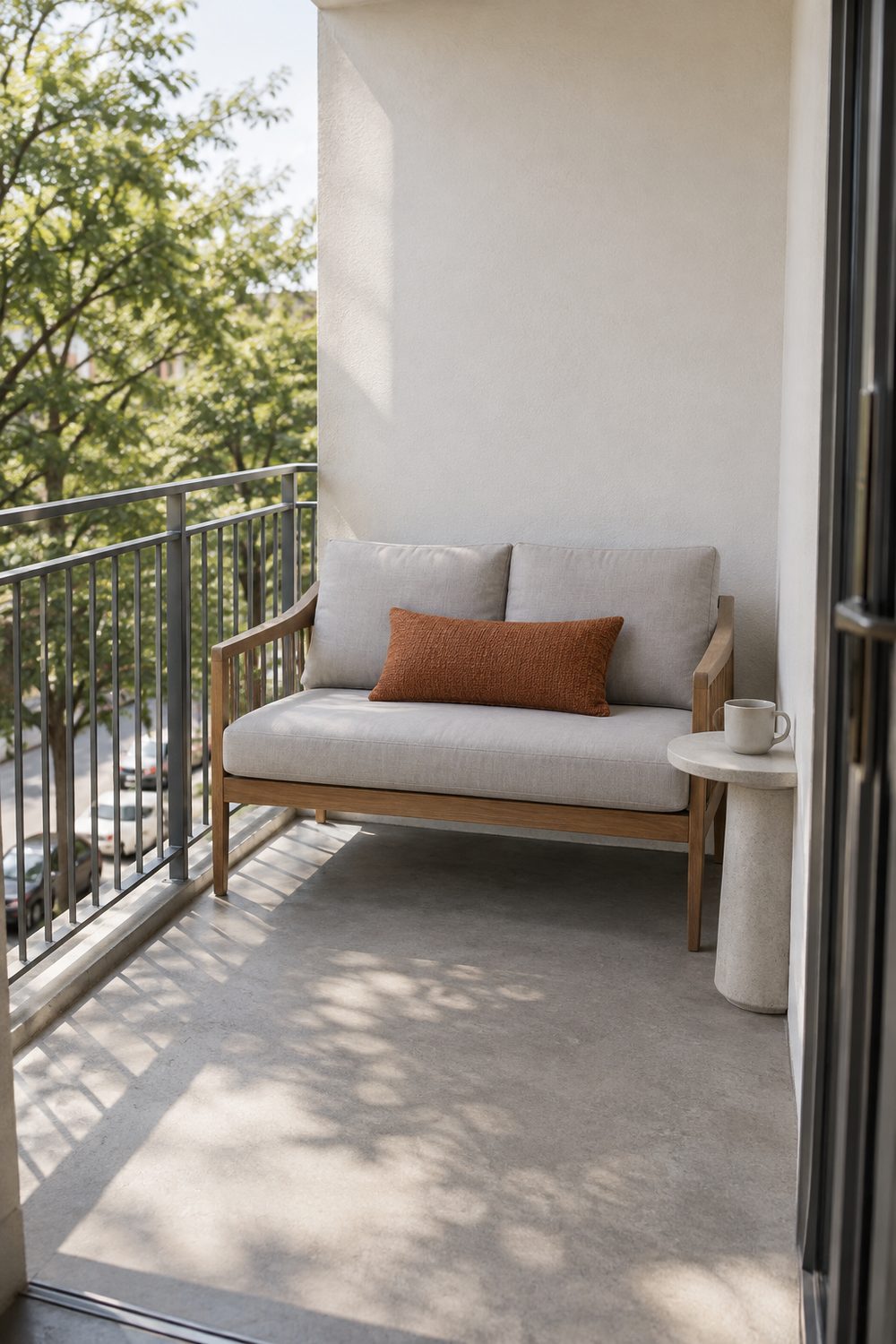 Compact wooden two seat loveseat with light grey cushions and a small round side table on a small balcony
