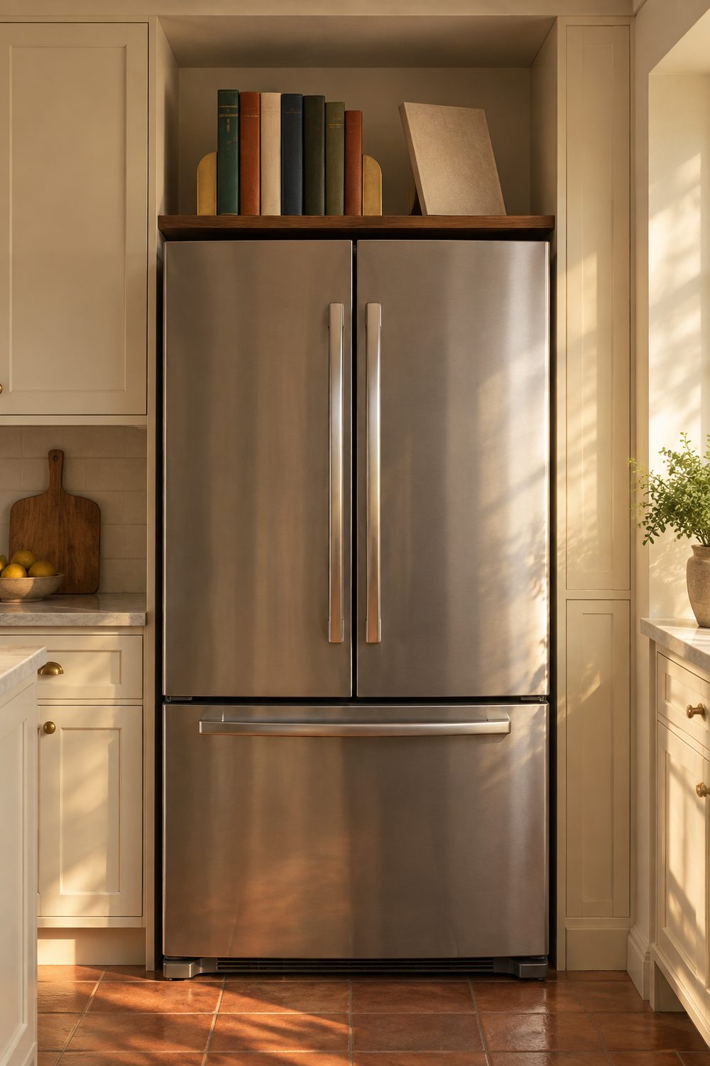Walnut shelf with six cookbooks and brass bookends above a stainless refrigerator in a cozy cream kitchen with terracotta floor