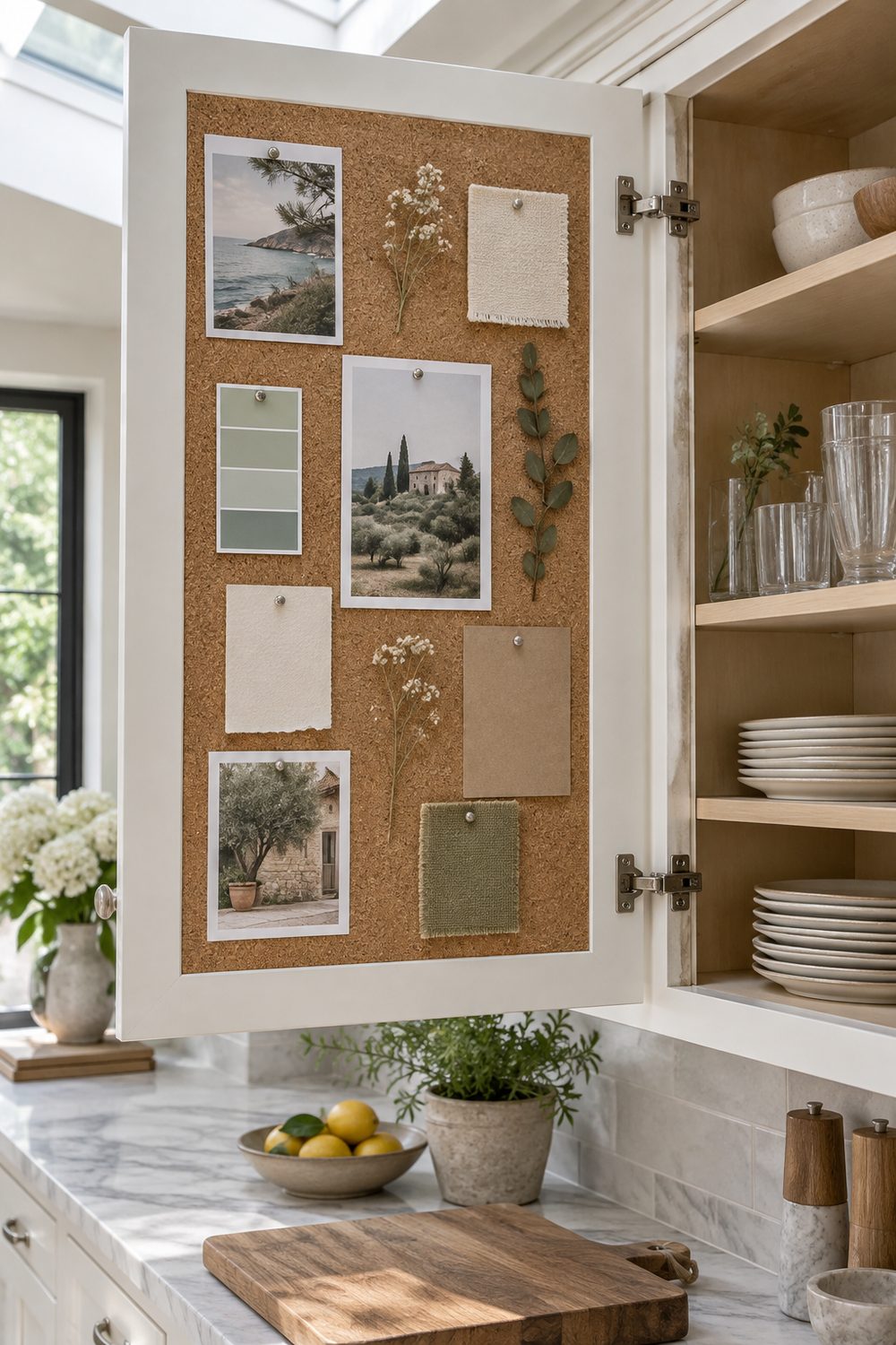 Open white kitchen cabinet door lined on the inside with a thin cork panel holding pinned cards, shelves of dishes beside it
