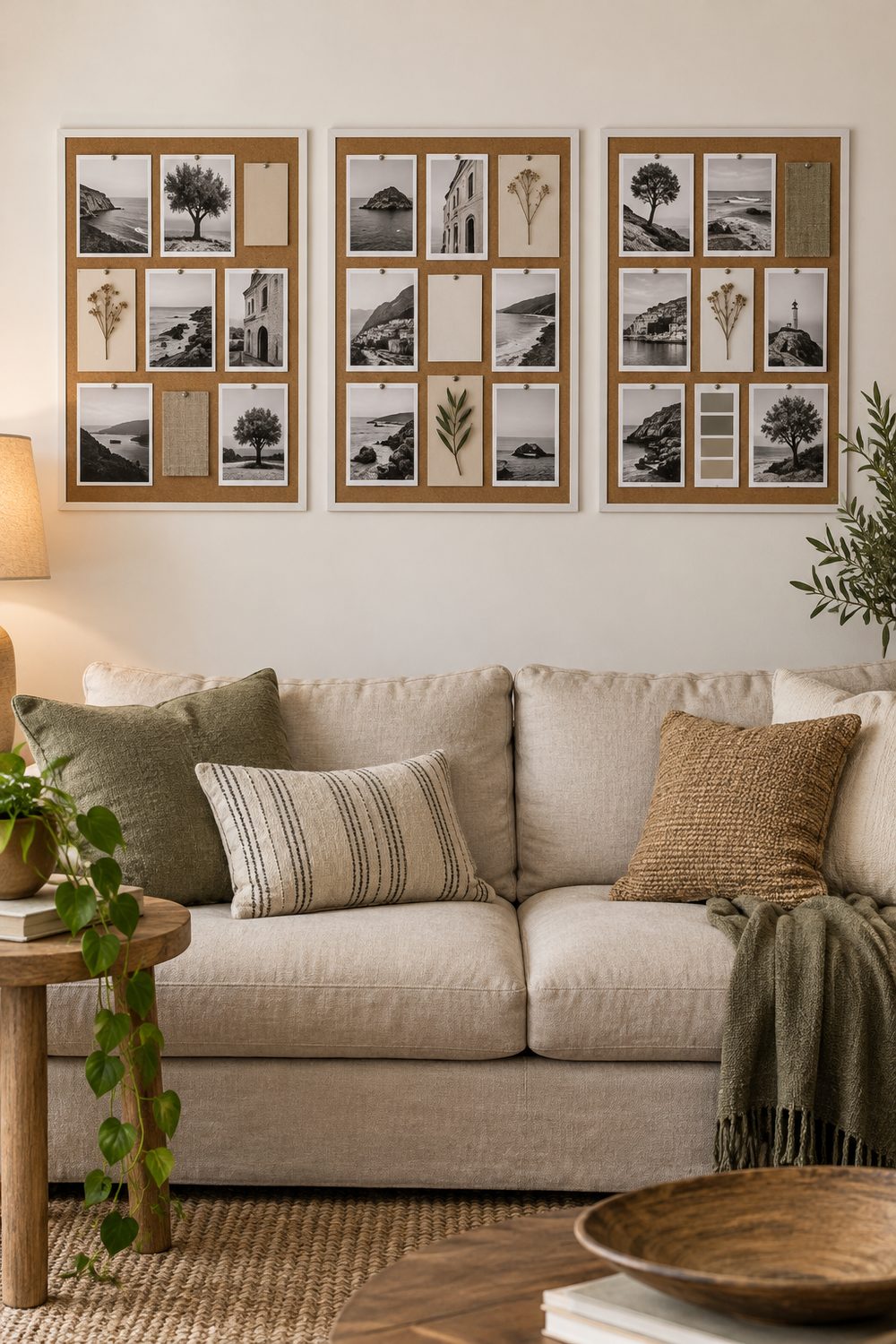 Three matching white framed cork boards in a row above a linen sofa, each filled with a grid of black and white photo prints