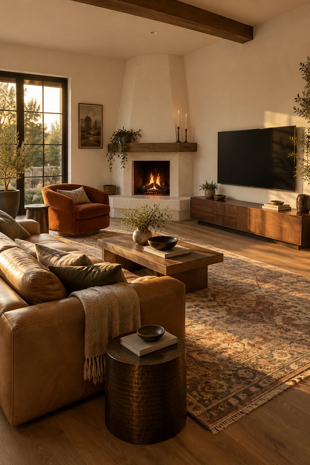 White plaster corner fireplace beside a TV on the adjacent wall above a walnut console, tan sofa and rust swivel chair