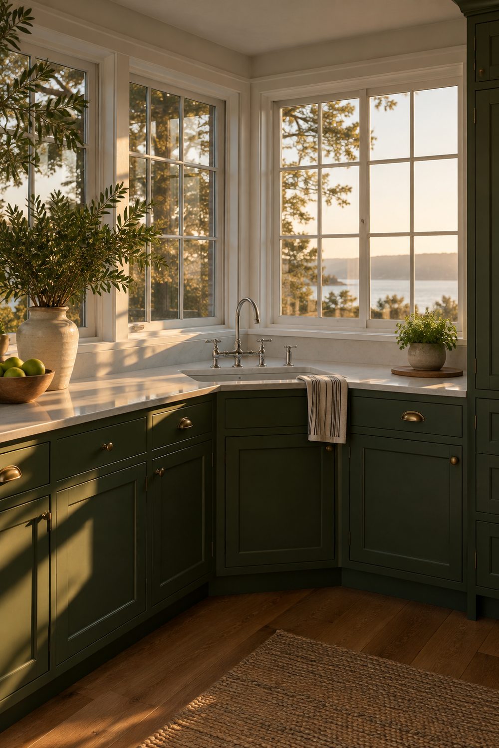 Two windows meeting at a kitchen corner above a corner sink, forest green cabinets, white counters, chrome faucet