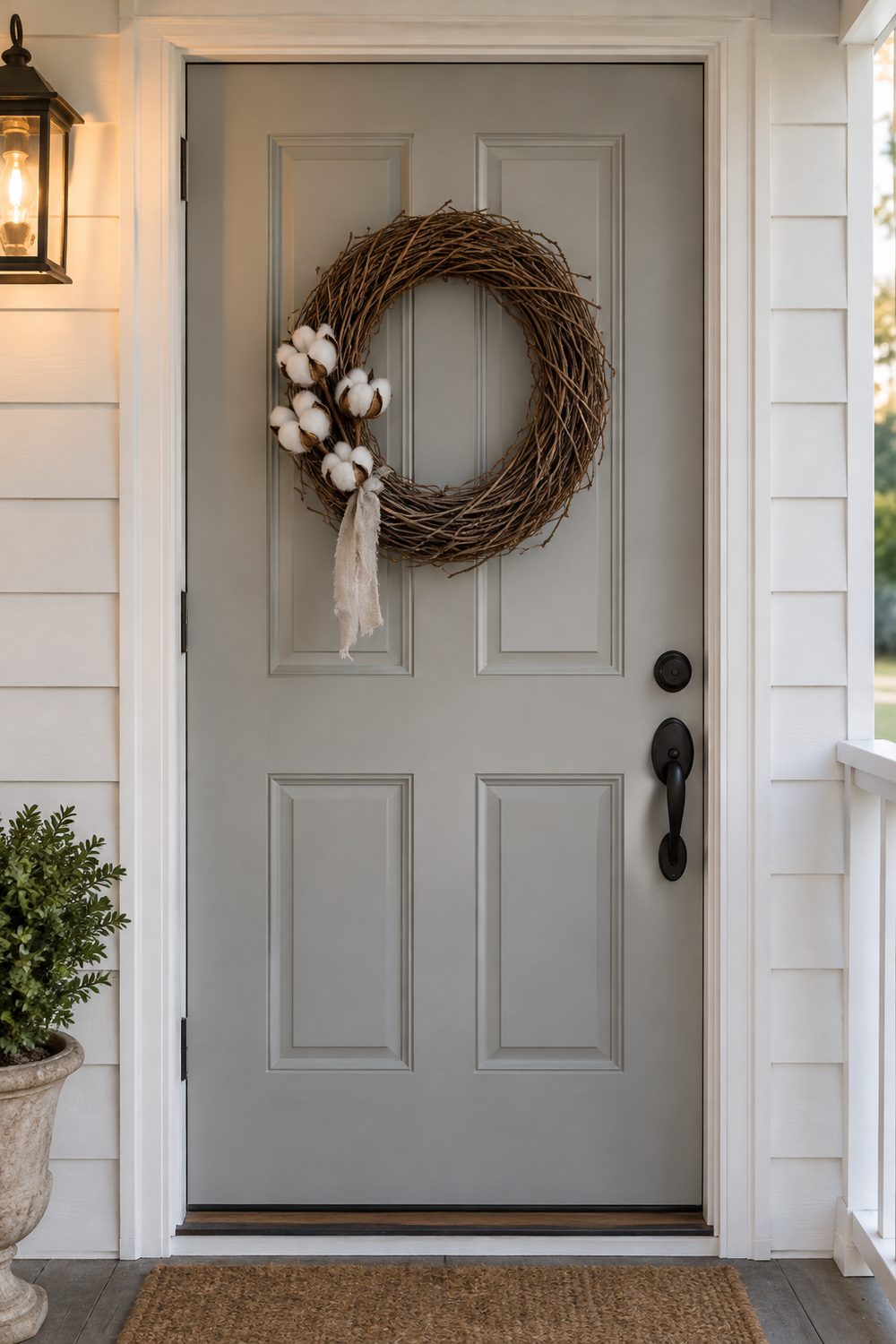 Rustic grapevine wreath with three cotton stems and a faded ribbon on a pale gray door with white clapboard