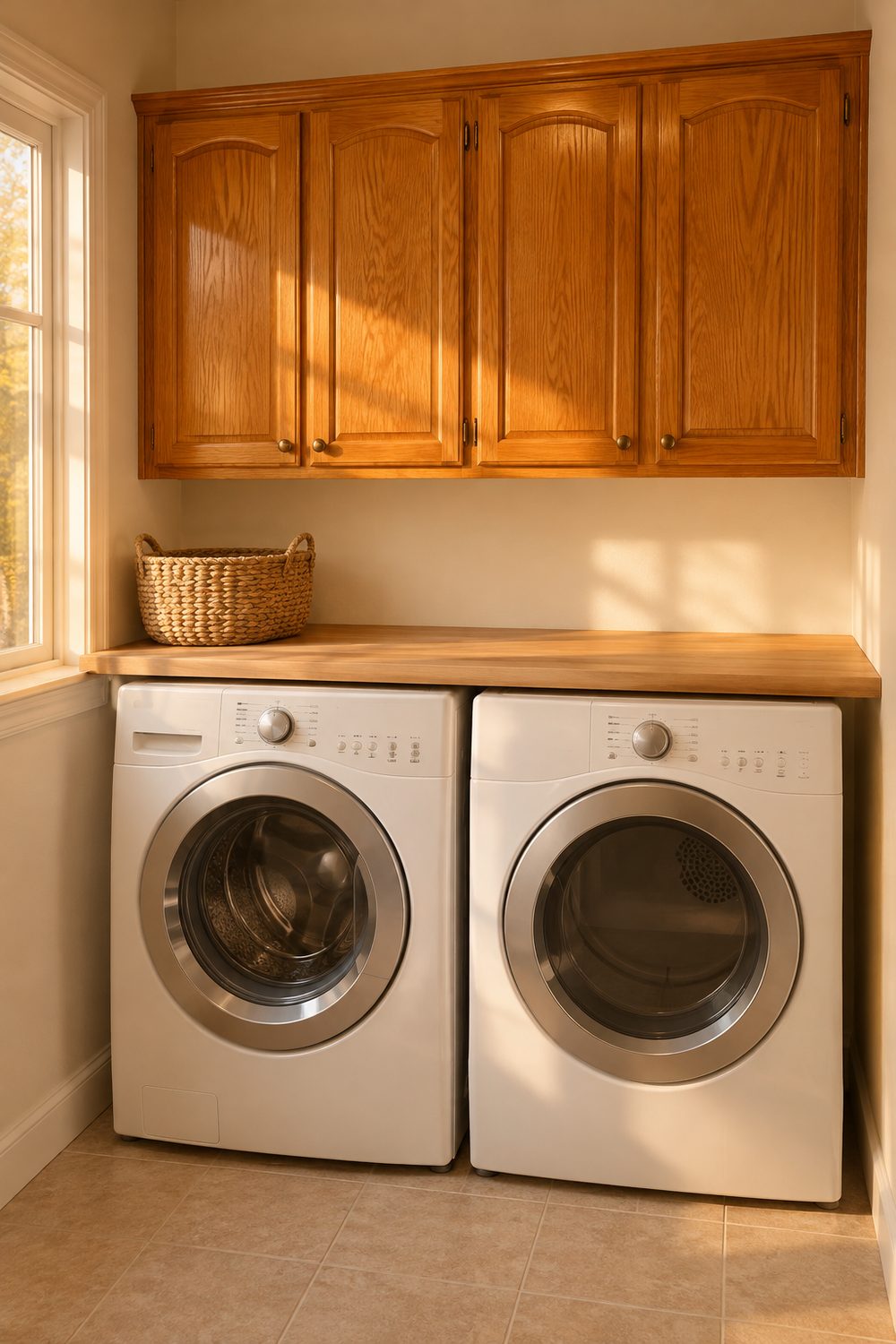 Laundry room with orange oak upper cabinets over a white washer and dryer, creamy warm white walls and a woven basket