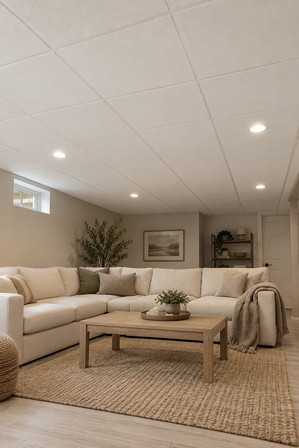 Basement family room with freshly painted warm white drop ceiling tiles and grid, cream sofa, oak coffee table, small hopper window