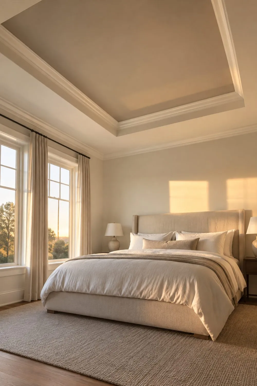 Primary bedroom with a recessed tray ceiling painted taupe and framed by white crown molding above a linen upholstered bed