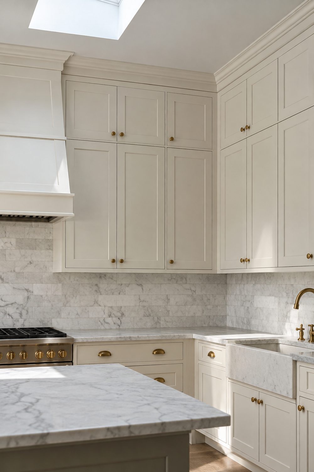 Kitchen with warm white shaker upper cabinets running to the ceiling and capped with crown molding, marble backsplash and brass pulls