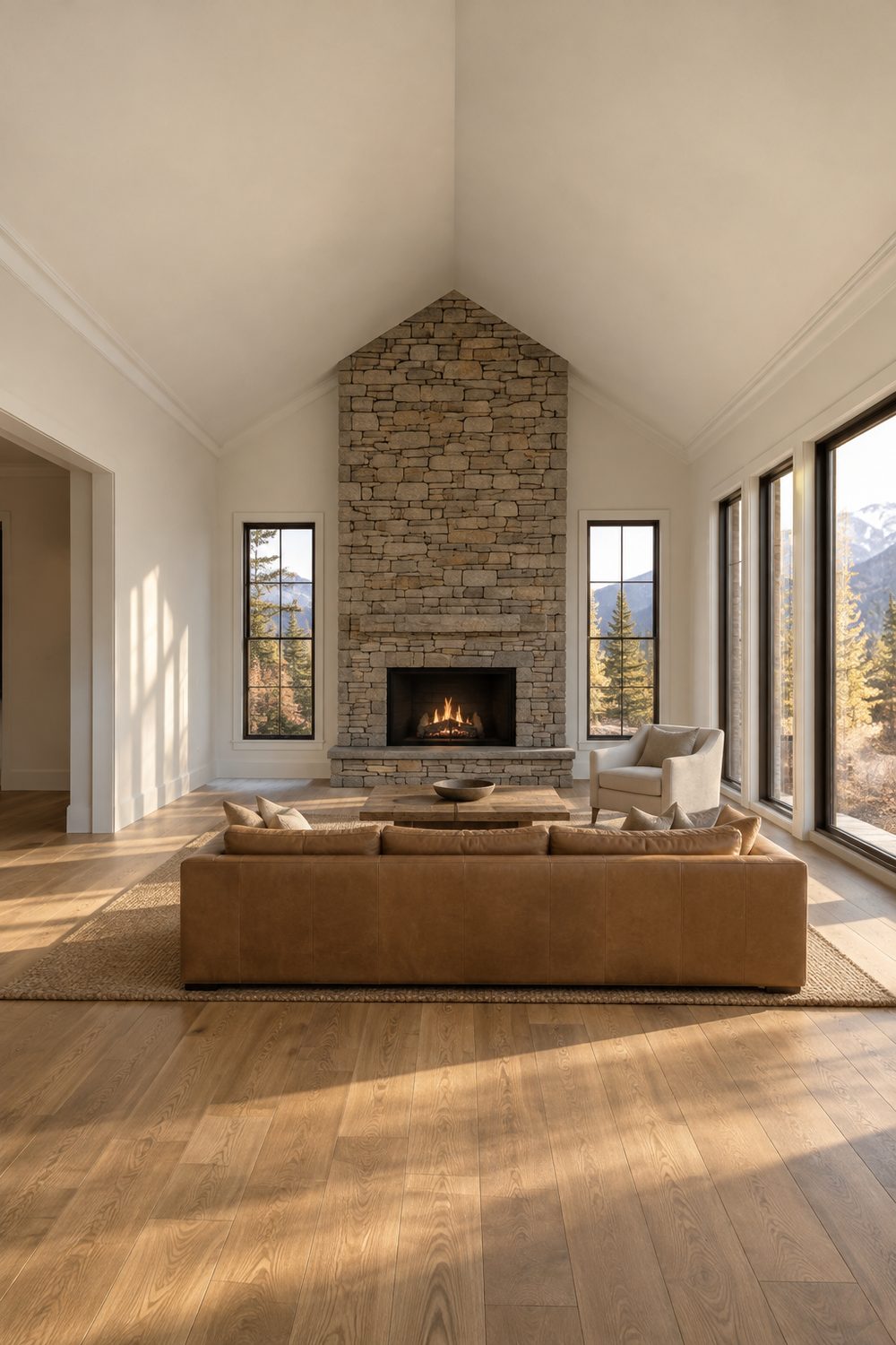 Mountain home great room with a white vaulted ceiling, slim white crown molding along both side walls, stone fireplace and leather sofa