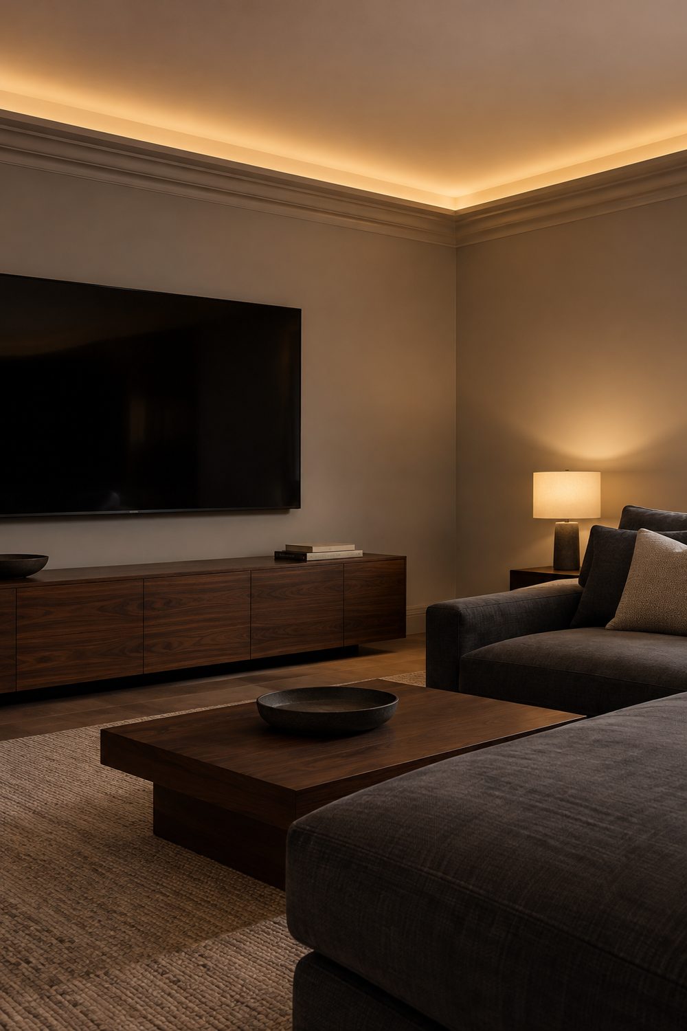 Media room with greige walls and painted crown molding hiding a warm LED strip that softly lights the white ceiling above a walnut console