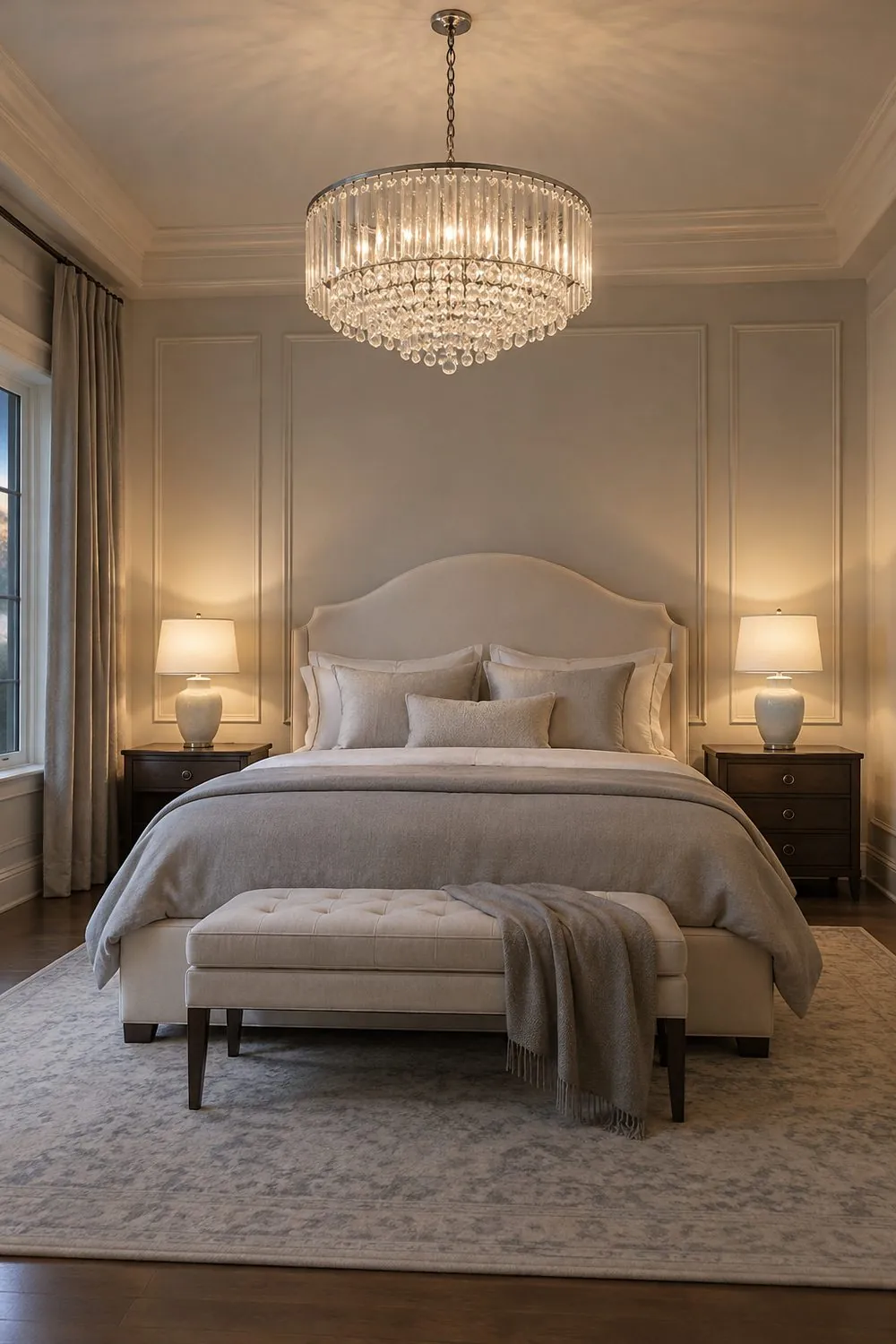Crystal drum chandelier hanging over a bed with an ivory upholstered headboard in a traditional bedroom with crown molding