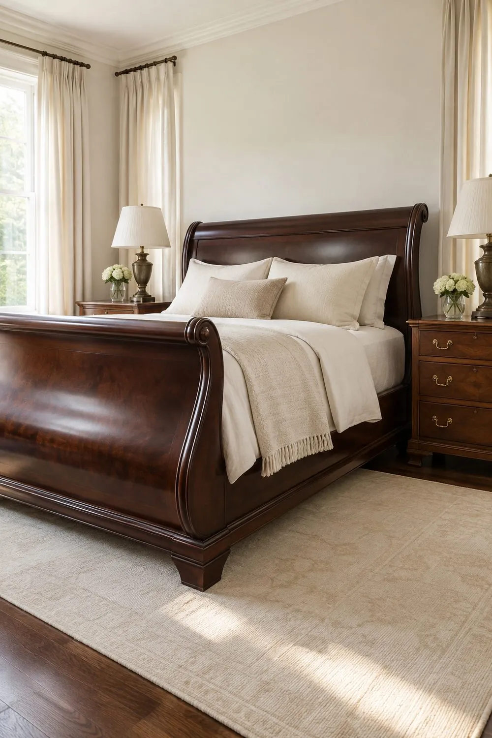 Dark mahogany sleigh bed with curved footboard between two walnut nightstands with brass pulls, cream drapery and a pale rug